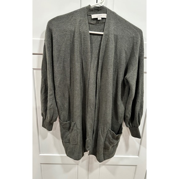 LOFT Gray Open Front Cardigan Sweater Pockets Ribbed Knit Casual Womens S - Picture 1 of 6